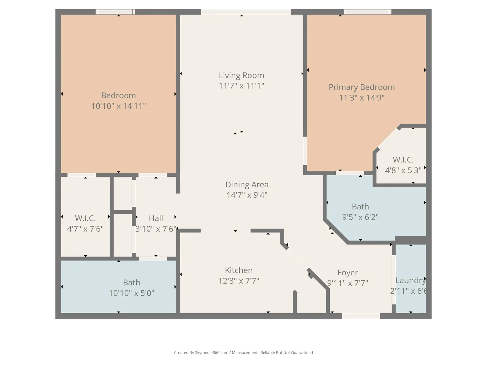 Floor plan showing the two-bedroom vacation rental layout and room dimensions