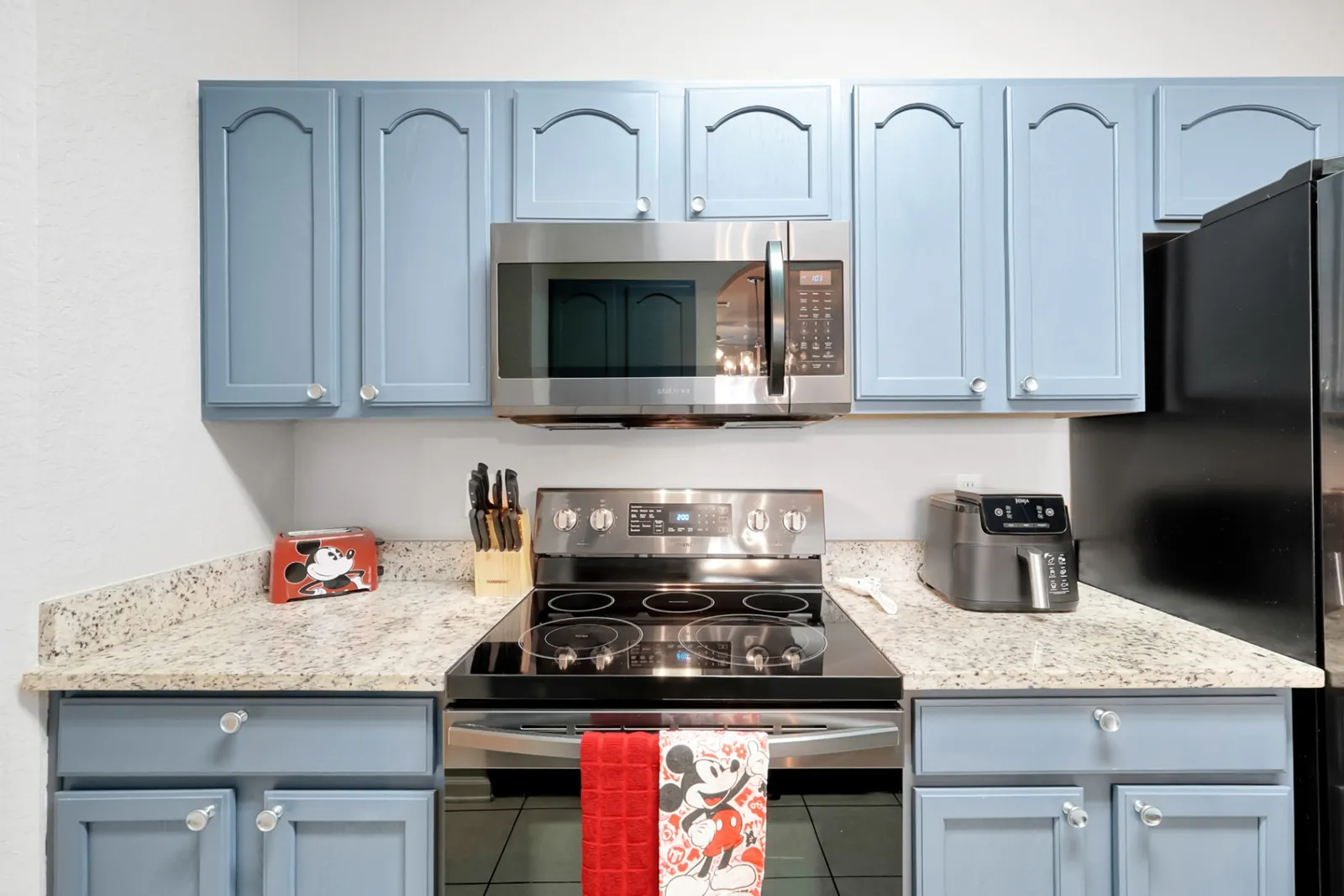 Kitchen stove area with Mickey toaster and towel