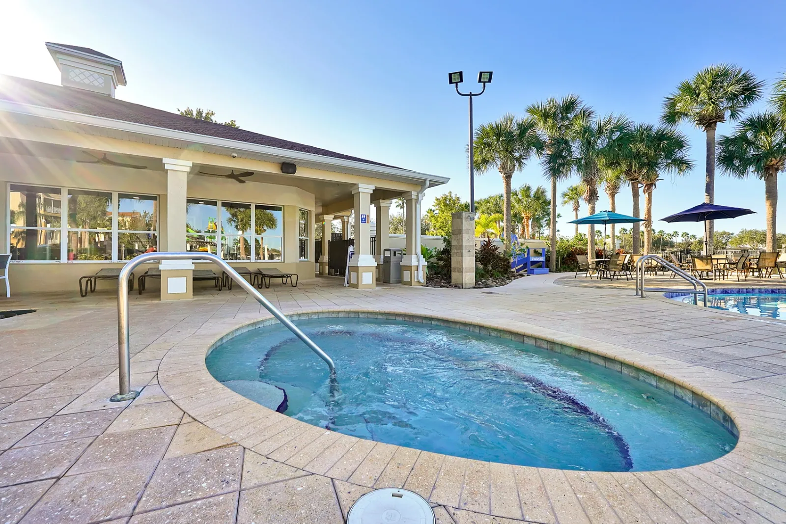 Resort hot tub next to the clubhouse and pool deck