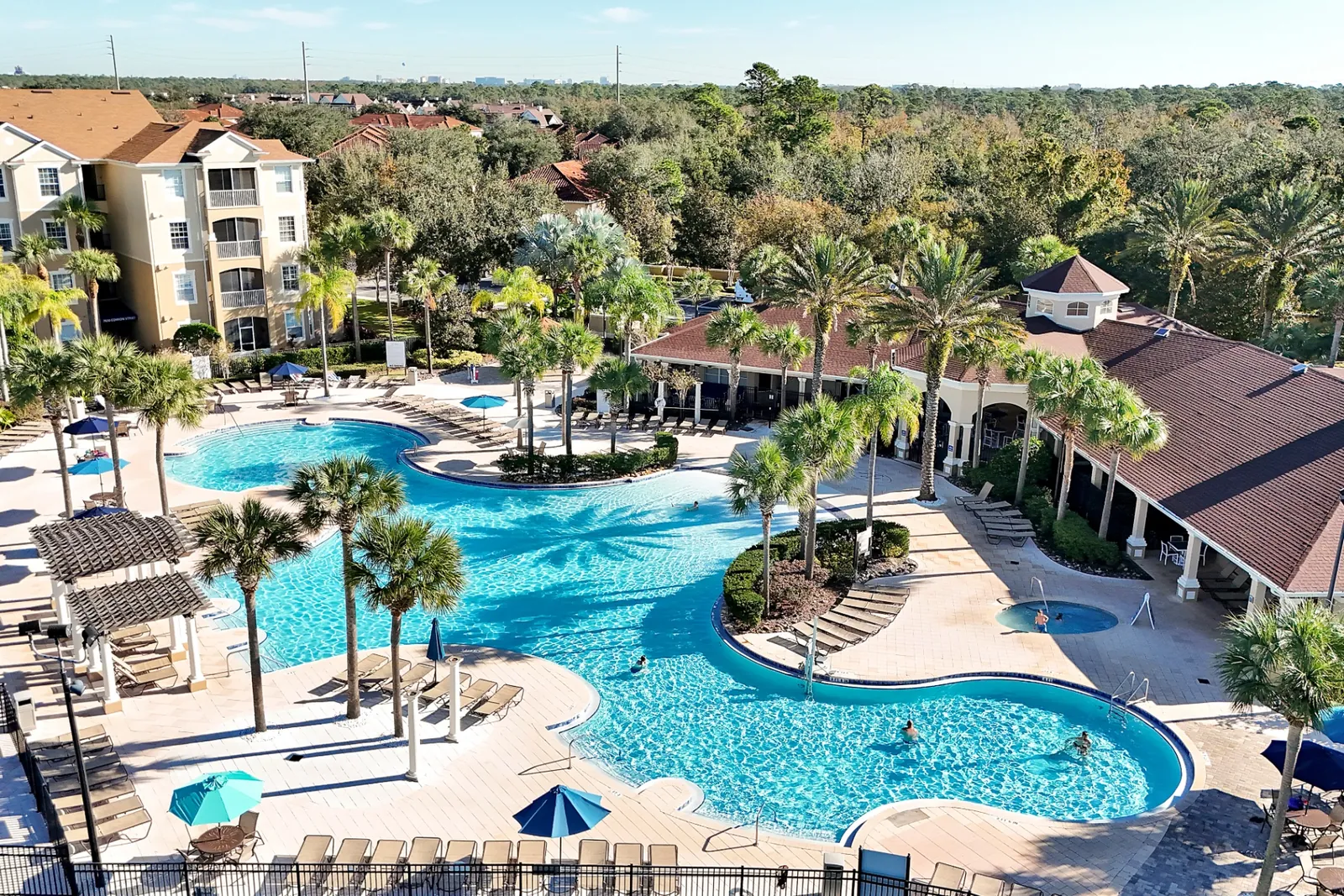 Aerial view of the resort lagoon pool and hot tub